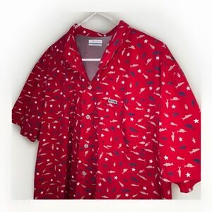 Columbia PFG‎ Mens Shirt Size L Red Fish Graphic Short Sleeve Button Up Vented